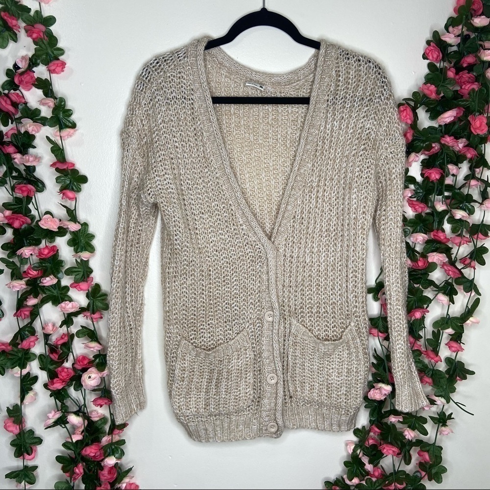 Full Tilt Tan/Beige Crochet Knit Pattern Button Up Cardigan Casual Lounge XS